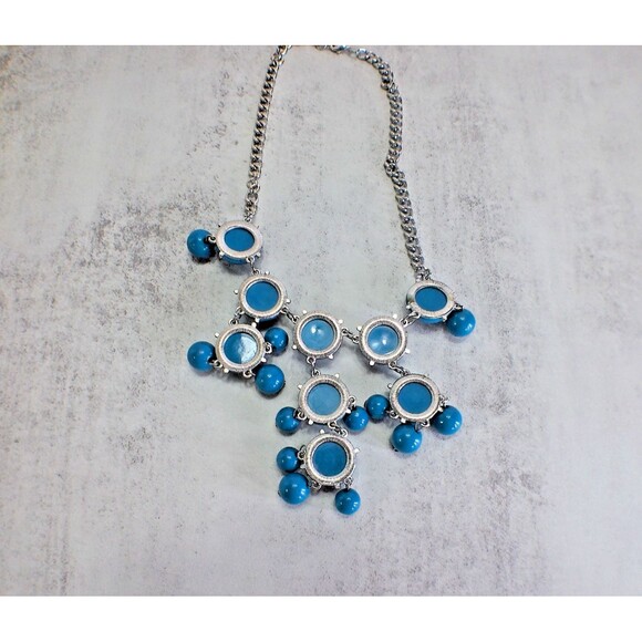 Bubble Cabochon Chandelier Drop Necklace Blue Chunky Statement Silver Tone - Picture 3 of 4